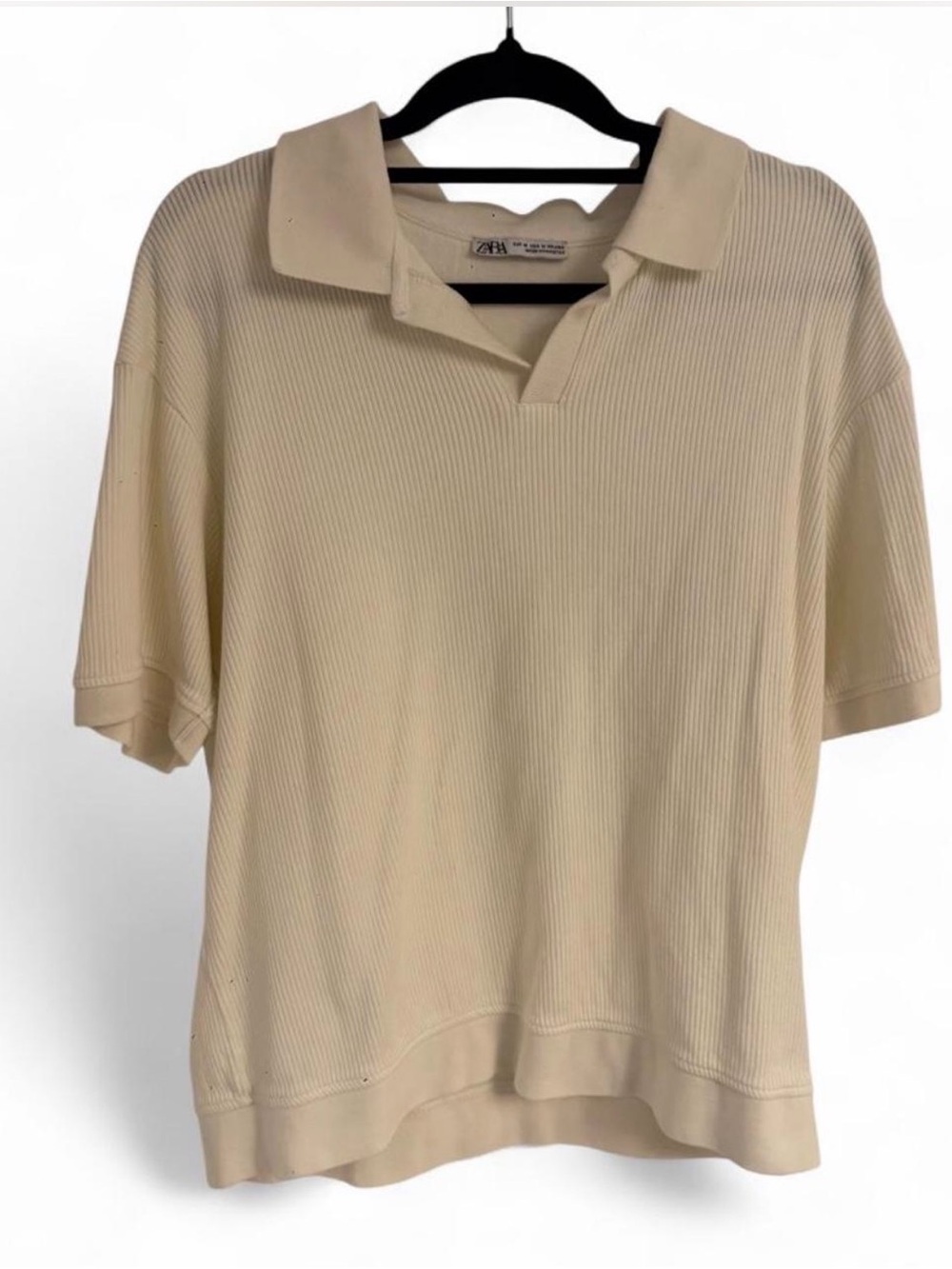 Zara Beige Ribbed Polo-Style Short Sleeve Top